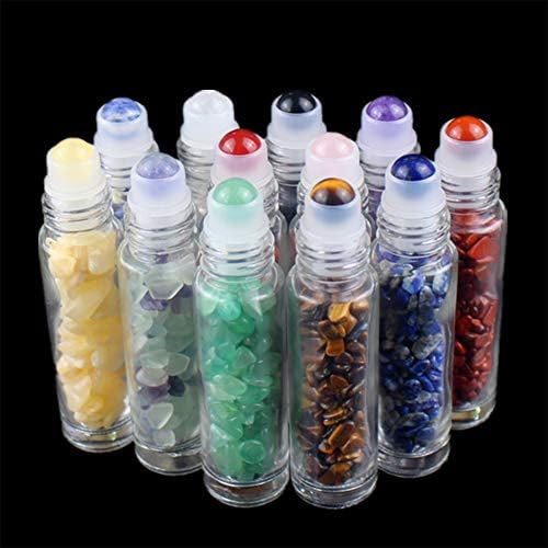 5 Pack 10ml Clear Roll On Bottles With Natural Chakra Crystal Chips for Essential Oils,Perfume Glass Roller Bottles Container Bamboo Lid,Crystal Roller,Pipette&Opener Included (Fluorite)