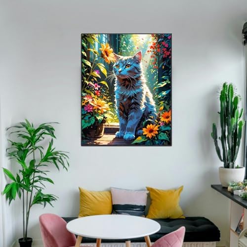 ldazao Cat Framed Paint By Numbers Kit for Adults Canvas Cats Sunflower Adult Paint By Number Artist Kits for Beginner DIY Easy Cat Garden Flower Oil Painting Home Room Decor Gift 9.5x12 Inch