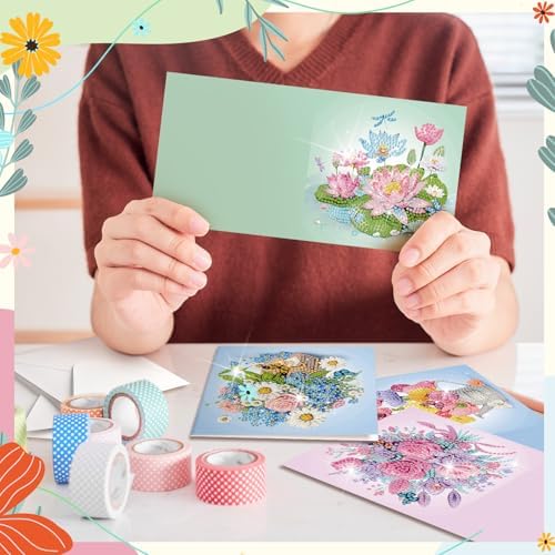 Saillong 12 Pack Flower Diamond Painting Greeting Cards with Envelopes