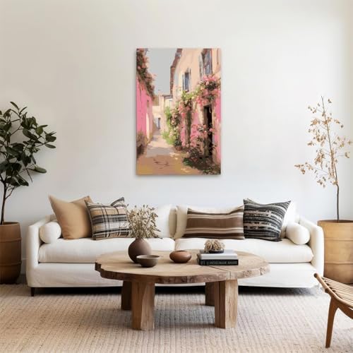 Paint by Numbers for Adults and Kids Beginner, Pink Flowers and pastoral Painting by Number On Canvas, Number Artist Paint by Number Kit DIY Oil Painting Acrylic Paints, Home Wall Decor Gift 12X16in