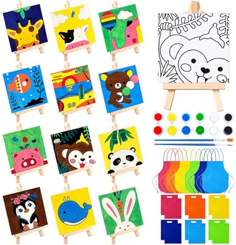 48PCS 12 Sets Printed Canvas Paint Art 12 Pcs Wooden Easel Set Paint Pots and Brushes and 12 Pre Drawn Canvas Panel 12 Pcs Mini Apron and Tote Bag for Kids(Dainty)