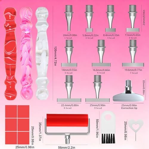 ZYNYXY 22PCS Ergonomic Diamond Art Pen Kits, with Multifunctional Metal Stainless Steel Screw Thin 1~9 Tips, Correction Placers Roller Accessories (Red + Pink + White+ 10 PCS Tips)