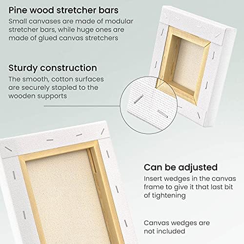 ARTEZA Stretched Canvas Multipack of 10 – 4x4, 5x7, 8x10, 9x12, 11x14 Inch Blank White Canvases for Acrylic, Oil, Gouache – Cotton, Pre-Primed | 4 x 4, 5 x 7, 8 x 10, 9 x 12 and 11 x 14 in, 100% Cotton, Pinewood Bars, 8 oz Acid-Free Acrylic Gesso