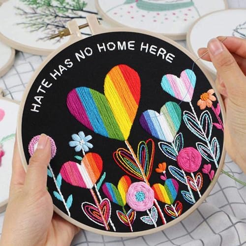 Louise Maelys Embroidery Kit, Rainbow Heart Canvas Tote Bag DIY Craft Set