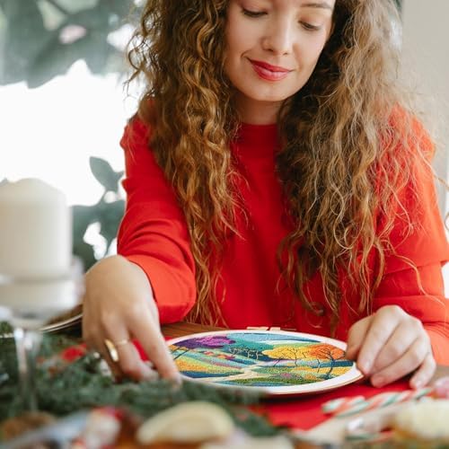 FONNUY 2 Set Embroidery Kit DIY for Adult Beginner, Pre-Stamped Patterns Mountain Sea Embroidery Kits with Hoop, Colored Threads and Needles, Easy to Follow Needlework (Autumn Trees)