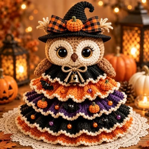 Halloween Crochet Tabletop Decor DIY Kit, Crochet Animal Halloween Tree DIY Craft Kit with Pumpkin Cow Character, Handmade Creative Holiday Craft Set for Adults, Gift for Craft Lovers，Owl
