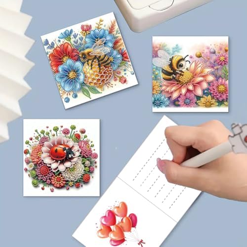 Diamond Art Cards with Envelopes–6PCS DIY Diamond Painting Greeting Cards Kit | Card Making Kit with Bling for Adults & Beginners | Birthday,Holiday & Thank You Cards (Flower Ladybug and Bee)
