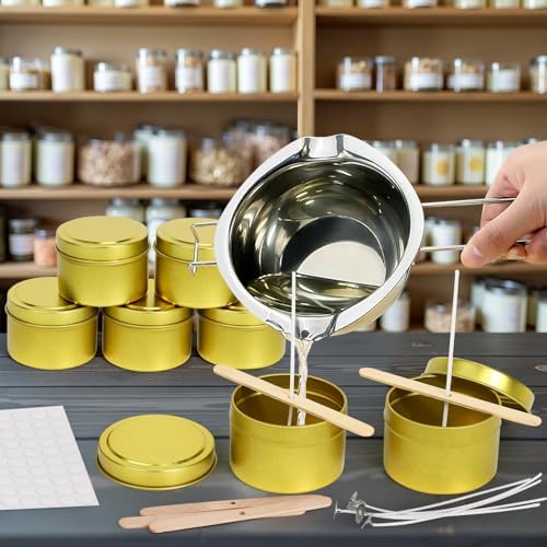 Blingfun 10 Packs 4 oz Candle Tins kit, Candle Making Tins, Candle Jars, 100pcs Candle Wicks, 100pcs Wick Stickers, Candle Containers for Making Candles (Golden)