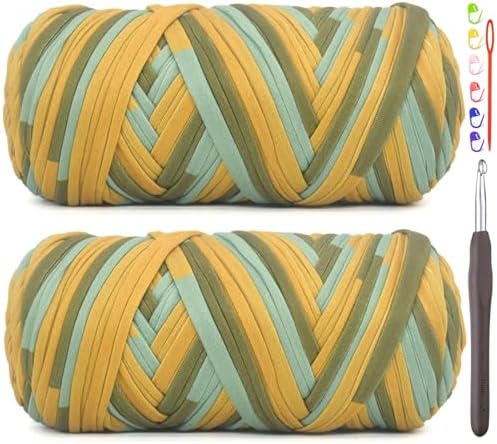 2 Pack Tshirt Yarn for Crocheting,Rainbow T Shirt Chunky Elastic Thick T-Shirt Crochet Yarn for Beginners Crocheting Hand Knitting Bag/Basket/Coasters/DIY Crafts/Home Decor 2 * 200G-Blue Brown Green
