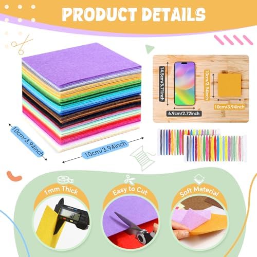 moinkerin 50Pcs Felt Sheets for Crafts with Thread 4"x4" Felt Fabric Sheets Assorted Colors 1mm Stiff Felt for Crafting DIY Handwork Sewing Patchwork (50 Colors)