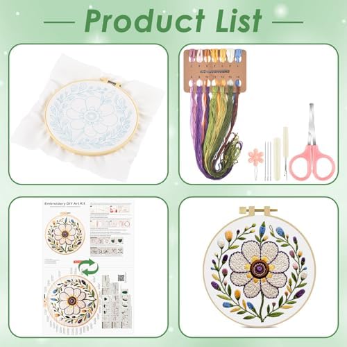 ERKOON Embroidery Kit for Beginners Adult, Cross Stitch Set Include Embroidery Cloth Hoop Threads for Craft Lover Hand Stitch with Embroidery Skill Techniques (Flower)