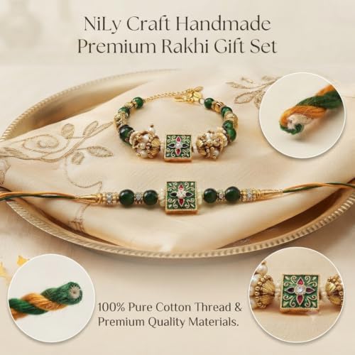 Handmade Premium Couple Rakhi Gift Set | Green Traditional Charm with Unique Design Rakhi Combo | Includes Roli Kumkum & Chawal | Traditional Raksha Bandhan Gift for Bhaiya Bhabhi, Brother & Sister