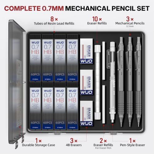 WUO 0.7mm Mechanical Pencil Set, 3 Pack Grey Metal Drafting Pencils