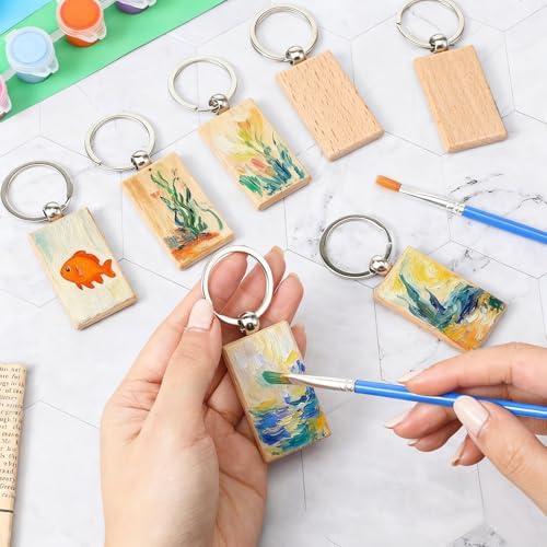 COMNICO 100 Pcs Wooden Keychain Blanks Bulk Rectangle Keychain Blanks
