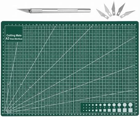 A3 Self Healing Cutting Mat Double Sided, 12x18 Inch Rotary Cutting Board with Aluminum Alloy Craft Knife and 5 Spare Blades, Precision Craft Mat for Sewing Quilting Fabric Scrapbooking Model Making
