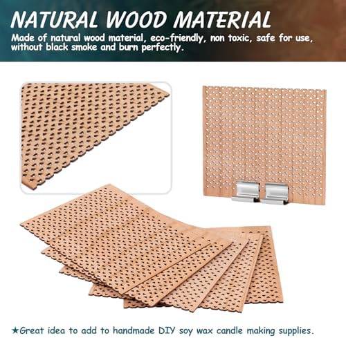 6 Set Large Wood Candle Wick Grid Design Large Wooden Wick 2.7x2.4inch / 70x60mm (Width*Height), Natural Crackling Wood Wick Core with Iron Stands for Soy Candle Making Candles Supplies