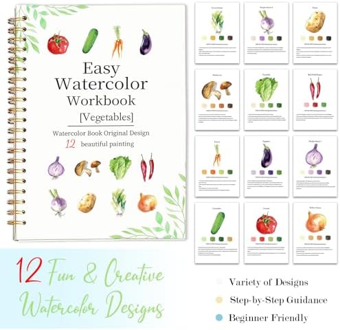 Easy Watercolor Workbook for Beginners - 12 Beautiful Step-by-Step Paintings Water Coloring Book, Includes 18 Colors Paints, Relaxing Art Projects and Creative Gift for Adults & Teen (Vegetables)