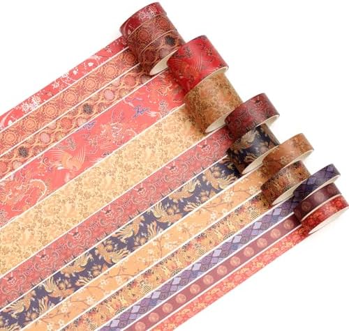 12 Rolls Chinoiserie Washi Tape Set Chinese Arts Adhesive Tapes Geometric Garden Decorative Masking Tape Sets for Craft, Kids, Scrapbook, DIY, Gift Wrapping (Prelude to a Night)
