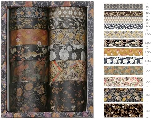 12 Rolls Kyoto Charm Washi Tape Set Japanese Arts Adhesive Tapes Geometric Garden Decorative Masking Tape Sets for Craft, Kids, Scrapbook, DIY, Gift Wrapping (Black Elegance)