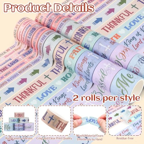 24 Rolls Christian Washi Tape Gifts, Pastel Religious, Multi-Size