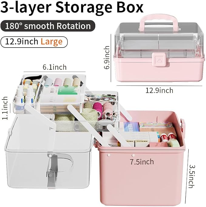 Large 3-Layer Craft Storage Box with Handle, Green