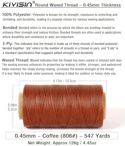 Thin Wax Polyester Thread, 0.45mm, 547 Yards, 3 Ply Round Waxed Cord Strings for Sewing, Beading, Binding, Micro Braiding, Fine Leather Craft and Micro Macrame Jewelry - Coffee