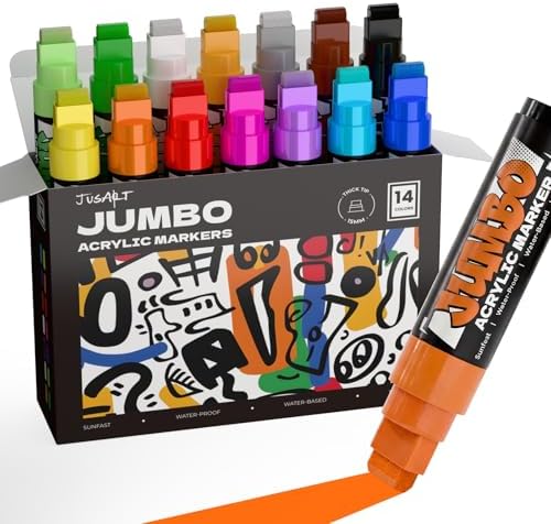 JusArt 14 Colors Jumbo Markers for Quick Bold Poster Banner Sign Lettering and Coloring, 15mm Wide Tip Acrylic Markers for Rock, Fabric, Ceramic, Metal, DIY Crafts