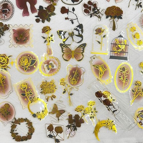 50pcs Gold-stamped vintage roses Stickers for Laptop Water Bottles, Transparent PET Waterproof Adhesive retro rose Decals Valentine's Day Sticker for Kids Birthday Party Scrapbook Phone (Gold stamp-1)