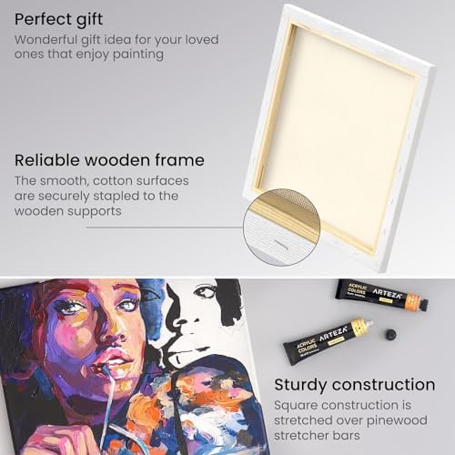 ARTEZA Premium Stretched Canvas, 12 x 12 Inches, Pack of 8, Blank White Square Canvas Boards for Acrylic, Oil and Gouache Painting
