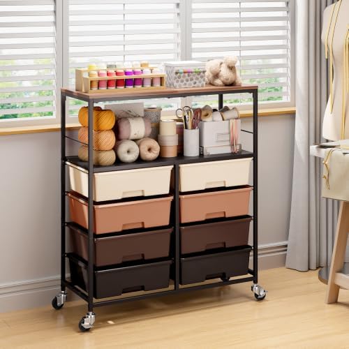 APEXCHASER Rolling Storage Cart with 8 Large Drawers, Wooden Tabletop