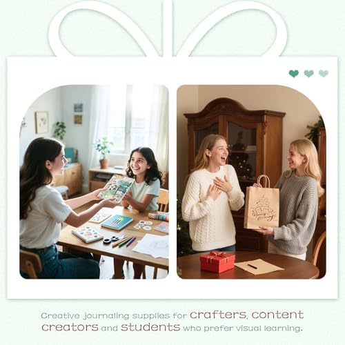 Dizdkizd Creative Art Journal Notebook with 28 Interesting Concept Templates Pages and 8 Die-Cut Stickers for Junk Journal, Scrapbook, Mixed Media, 8.3in × 5.8in, Green