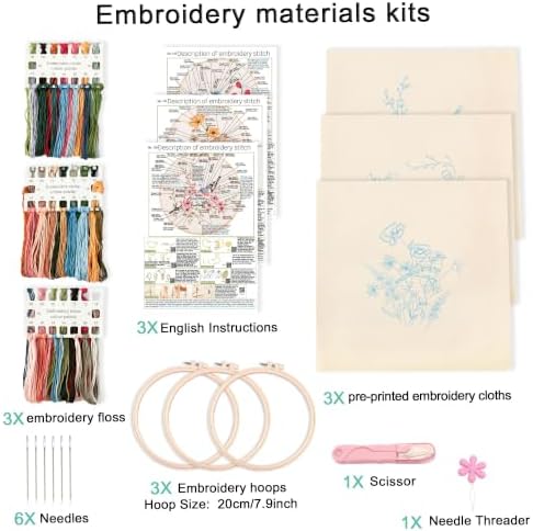 Harimau Beginner Adult Embroidery Kit, All-in-One Starter Pack with 3 Patterns, 3 Hoops, Scissors, Needles, Instruction Manual & Stitching Video Guides