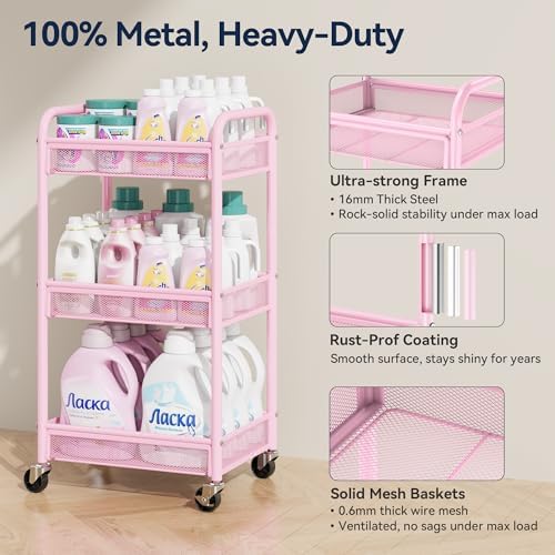 YASONIC 3 Tier Metal Rolling Cart, Pink Utility Storage Cart with Wheels | Metal Mesh Craft Cart With Hooks & Hanging Cups, Ideal For Kitchen, Bathroom, Office, Dorm, Art Workspace, Bedside Storage