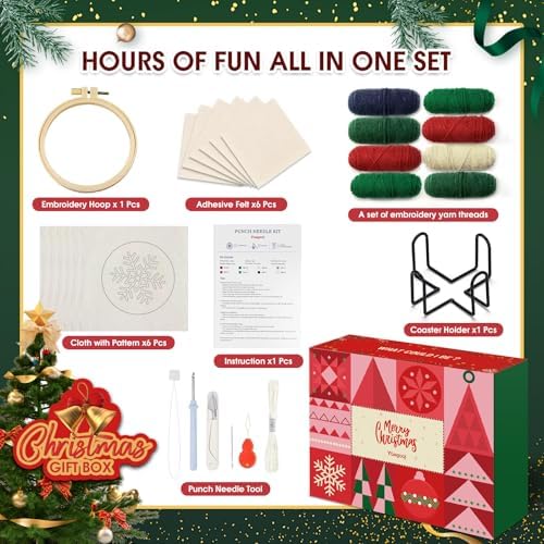 yuegool 6PCS Christmas Punch Needle Coasters Kit,Easy DIY Punch Needle Embroidery Kit for Beginners Adults Kids Including Patterns, Tools, Yarns, Hoop, Instruction, Coaster Holder Art Craft Supplies