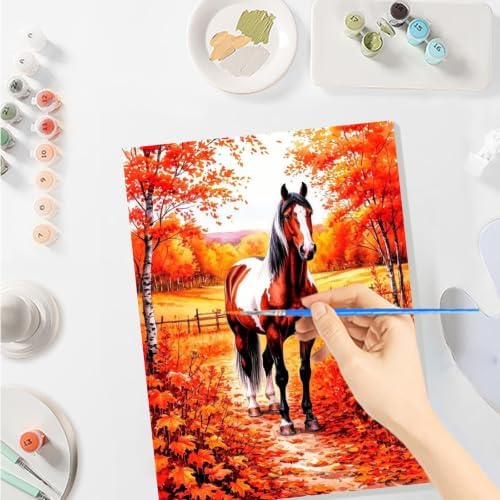 SENQAO Horse Paint by Numbers Kit for Adults Beginner, Fall Adult Paint by Number Kits on Canvas, DIY Acrylic Oil Easy Painting by Numbers for Home Wall Decor 8X12 inch