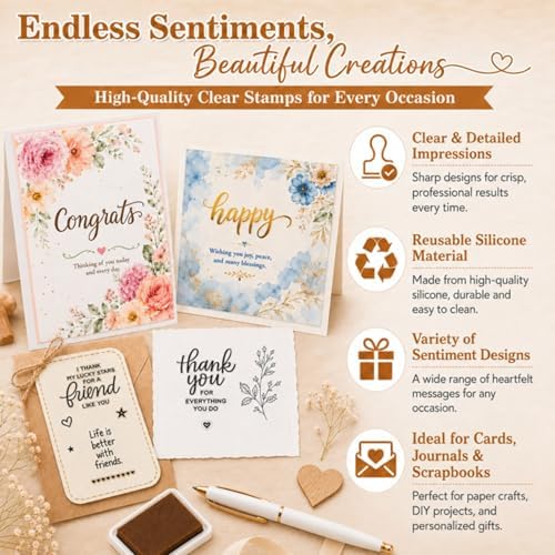 Outus 4 Pcs Clear Sentiment Stamps for Crafts, Silicone Words,Classic | Blessing Set for Card Making Scrapbooking, Photo Album Decoration, Acrylic Block Compatible, DIY Sentiments Phrases Design