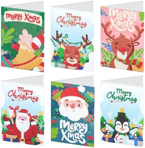 antor 6 Pack 5D Diamond Art Christmas Greeting Cards with Envelopes, DIY Paint with Diamonds Holiday Card Kits, Handmade Diamond Painting Cards Crafts Xmas Gift for Friends and Family