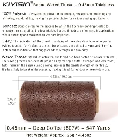 Thin Wax Polyester Thread, 0.45mm, 547 Yards, 3 Ply Round Waxed Cord Strings for Sewing, Beading, Binding, Micro Braiding, Fine Leather Craft and Micro Macrame Jewelry - Deep Coffee