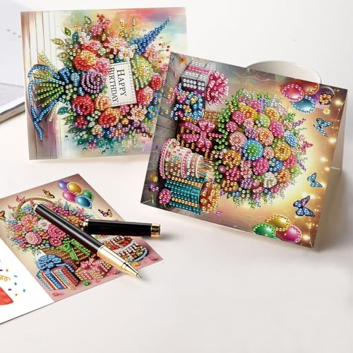 Tontut 6 Pieces Diamond Art Painted Greeting Cards, Flower Basket Gift Butterfly 5D DIY Special Shape Diamond Card Creative Gifts, Christmas Thanksgiving Greeting Card Congratulation