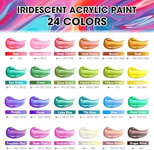 40 Pcs Iridescent Acrylic Paint Set, 24 Colors with 12 Brushes (2oz/60ml)