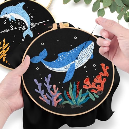 ERKOON 4 Set Embroidery Kit for Beginners, Cross Stitch Set Include Embroidery Cloth Hoops Threads for Craft Lover Hand Stitch with Embroidery Skill Techniques (Marine Animals)