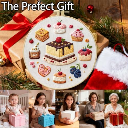 FEIYUENO 3 Sets Cake Pattern Embroidery Kit for Beginner Adults