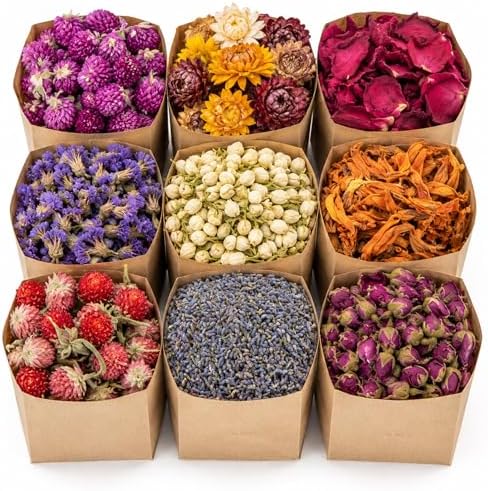 Sukh Dried Herbs Kit - Dried Botanicals Bulk,9 Bags Natural Dry Flowers and Herbs for Soap,Candle,Perfume,Bath Bombs,Resin Jewelry Making Supplies,Fragrance Sachet DIY and Witchcraft