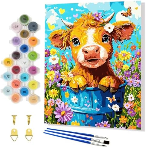 Yunnuo Cow Paint by Numbers Kit for Adults,Highland Cow Flowers Paint by Number Canvas,Acrylic Simple Painting by Numbers for Adults Beginners,Perfect for Home Wall Decor and Gifts(19.7x15.7 inches)