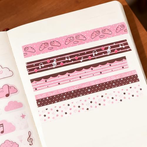 5Rolls Pink Strawberry Musical Note Glitter Washi Tape Set Decorative Star Masking Tapes Bulk Cute Washi Sticker for Journaling Kawaii Sparkling Scrapbook Tape Supplies for Craft Scrapbooking Journal