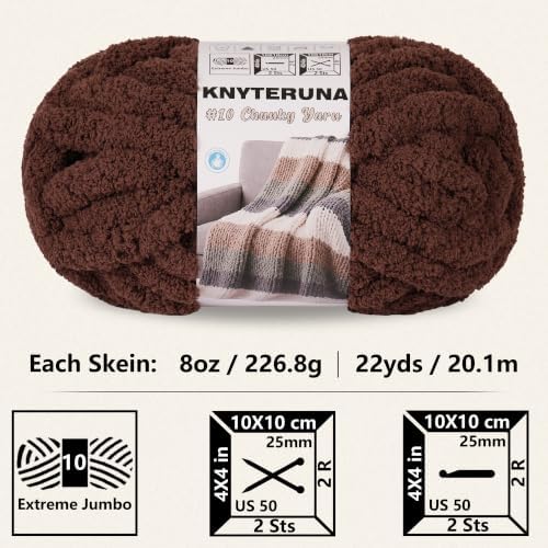 Chunky Yarn for Hand Knitting, #10 Chunky Blanket Chenille Yarn, Large Bulky Thick Jumbo Yarn, Super Chunky Knit Yarn for Crocheting, 8 Skein (8 oz 22 yds Each Skein), Dark Coffee