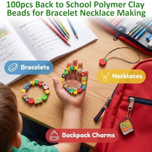 100Pcs Back to School Polymer Clay Beads, Apple Pencil Teacher School Bus Spacer Beads for Bracelet Necklace Making DIY Jewelry Craft Kit Teacher Appreciation Gift School Theme Party Supplies