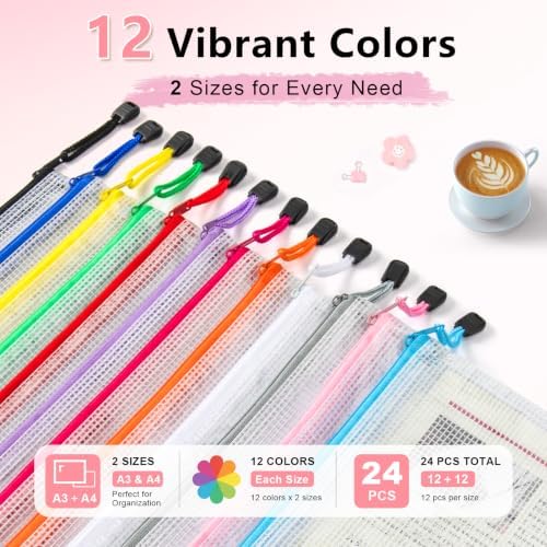 Umriox A3 A4 Mesh Zipper Storage Bags, 24 Pack 12 Colors Organizer Pouches