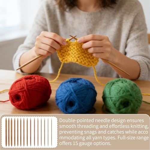 75Pcs Bamboo Double Pointed Knitting Needles Set 15 Sizes Complete Knitting Kit with Stitch Markers Needle Caps & Tape Measure for Beginners and Pros