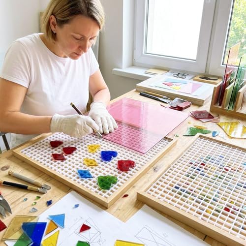 Verdanzia Stained Glass Cutting Mat, 12"X12" Waffle Grid Mat for Glass Cutting, Stained Glass Cutting Board with Tray & Craft Cutting Mat, Stained Glass Supplies for Scoring and Cutting Glass (Wood)